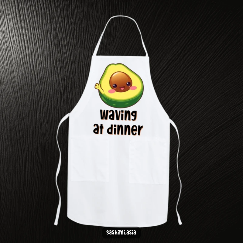 Funny Chubby Avocado Apron: Happy avocado half waving, perfect for humorous kitchen tasks and protecting clothes.