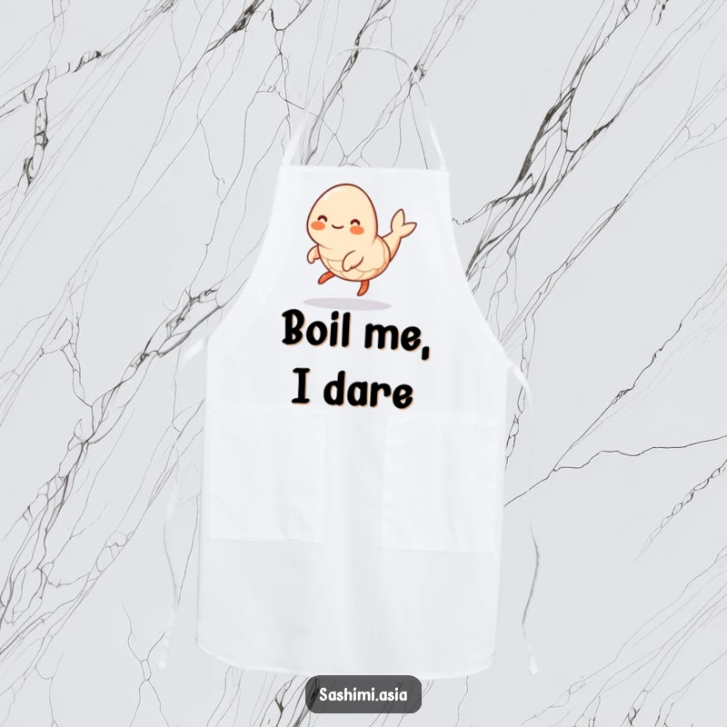 Funny Hopping Shrimp Apron: Smiling, plump shrimp hopping, perfect for humorous kitchen tasks and protecting clothes.