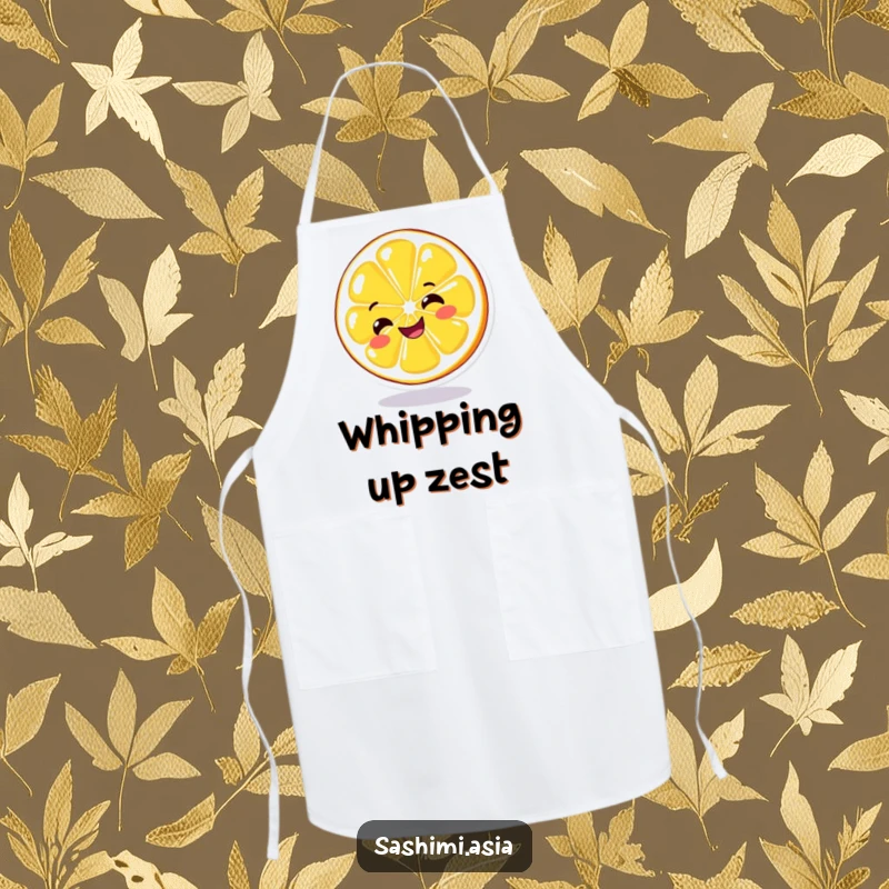 Funny Spinning Lemon Apron: Grinning yellow lemon slice spinning, perfect for humorous kitchen tasks and protecting clothes.