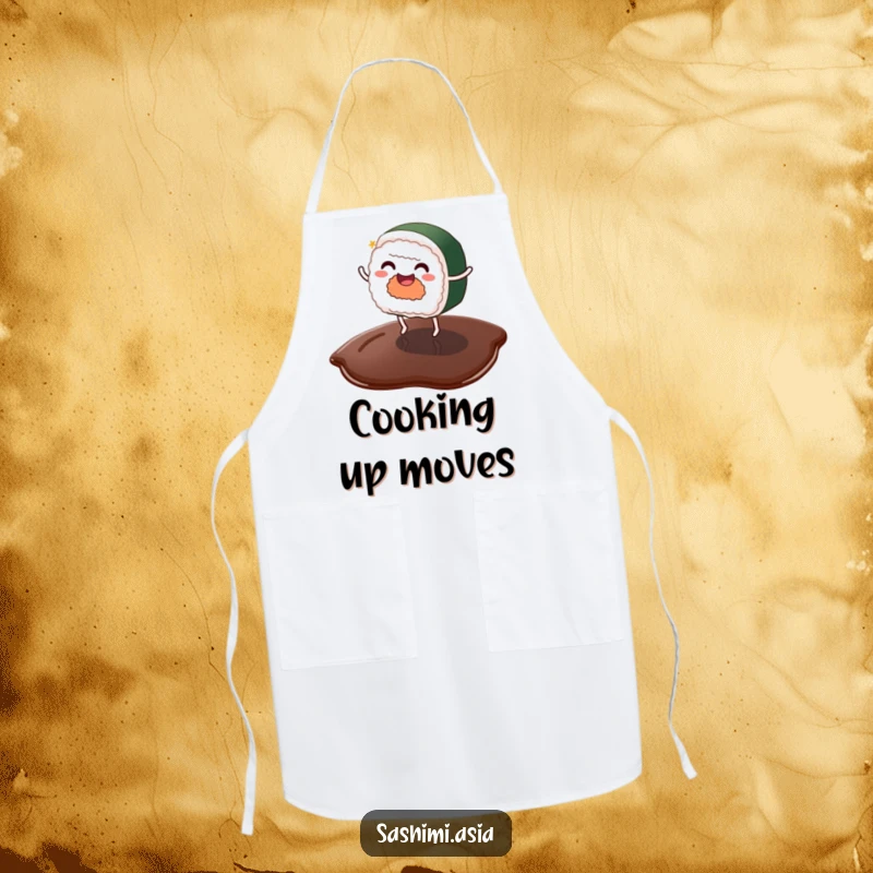 Funny sushi with tiny legs dancing on a soy sauce puddle, a humorous and functional kitchen apron.