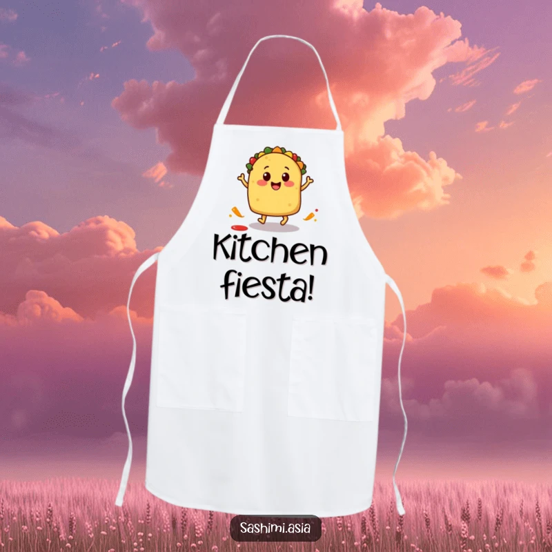 Smiling taco with little feet hopping and splashing salsa, a humorous and functional kitchen apron.