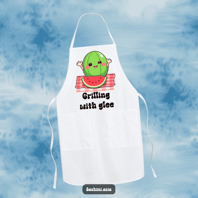 Happy watermelon slice with small arms waving energetically from a picnic blanket, a humorous and functional kitchen apron.