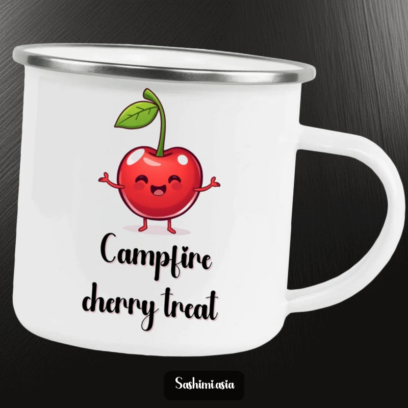 Funny Dancing Cherry Camping Mug: Plump cherry dancing with stem arms, perfect for humorous outdoor drinks and joyful adventures.