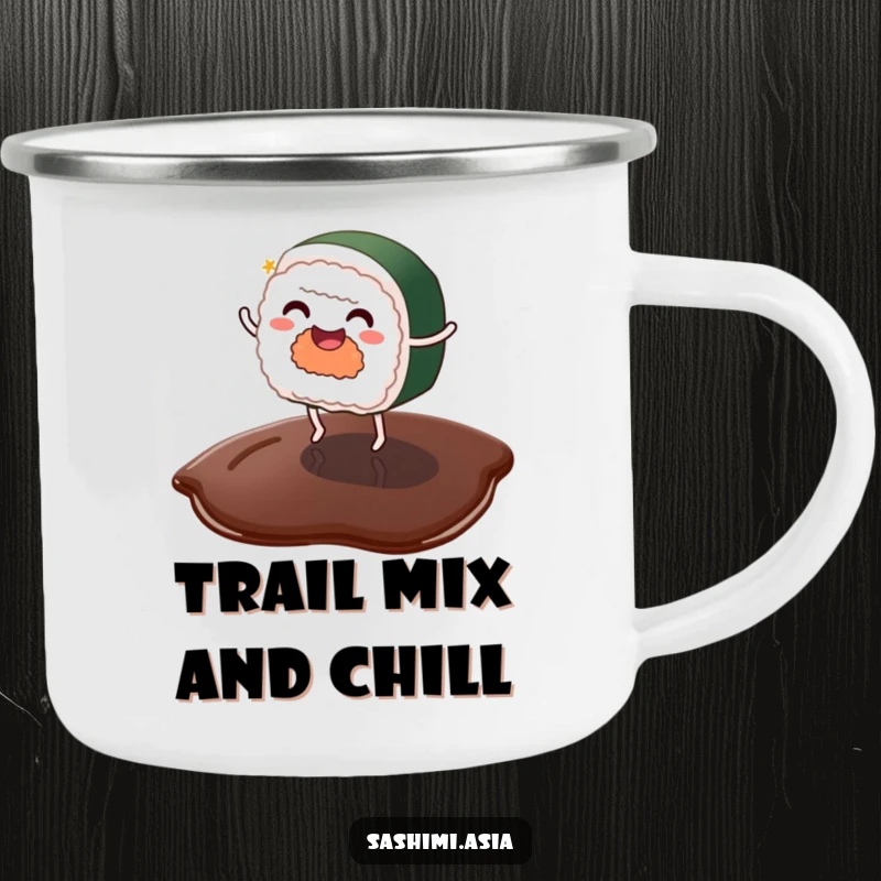 Funny sushi with tiny legs dancing on a soy sauce puddle, a sturdy and humorous camping mug.