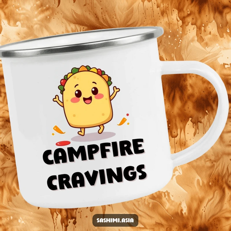 Smiling taco with little feet hopping and splashing salsa, a sturdy and humorous camping mug.