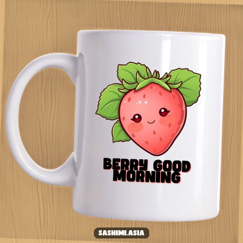 Blushing strawberry with dot eyes peeking from behind a large protective leaf, a cute and humorous mug.