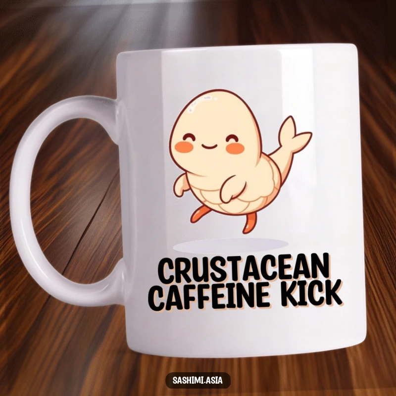 Funny Hopping Shrimp Mug: Smiling plump shrimp with three legs, doing a playful hop, perfect for a humorous coffee break.