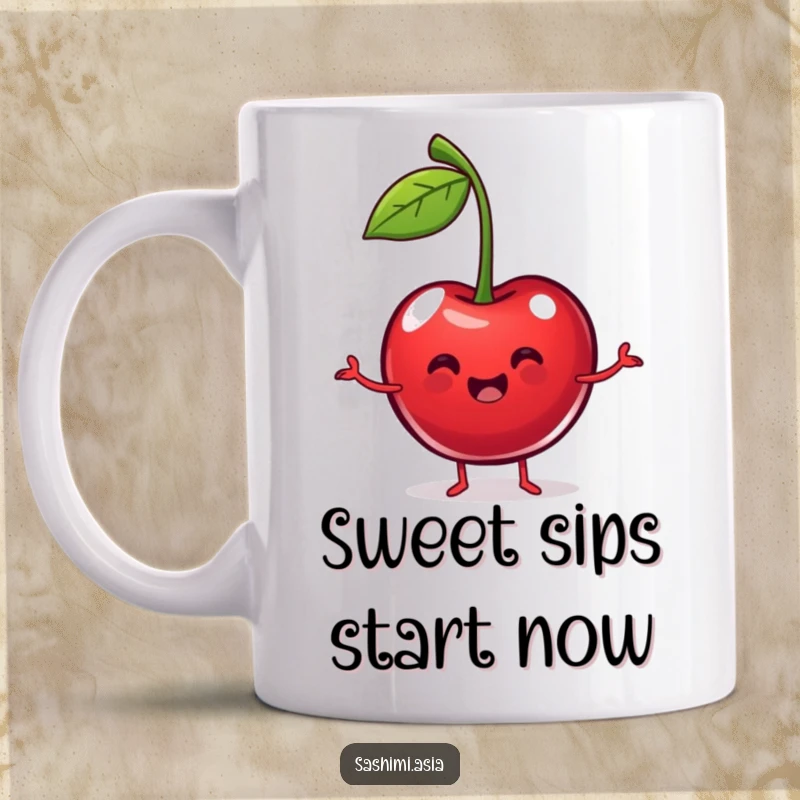 Funny Dancing Cherry Mug: Plump red cherry with stems like arms, doing a happy dance, perfect for a humorous coffee break.