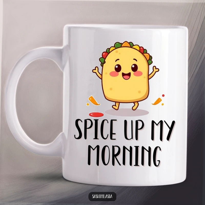 Smiling taco with little feet doing a playful hop with a salsa splash, a humorous and vibrant mug.