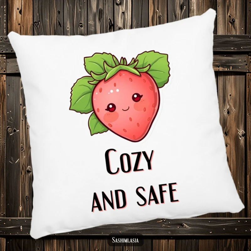 Blushing strawberry with dot eyes peeking from behind a large protective leaf, a soft and humorous decorative pillow.