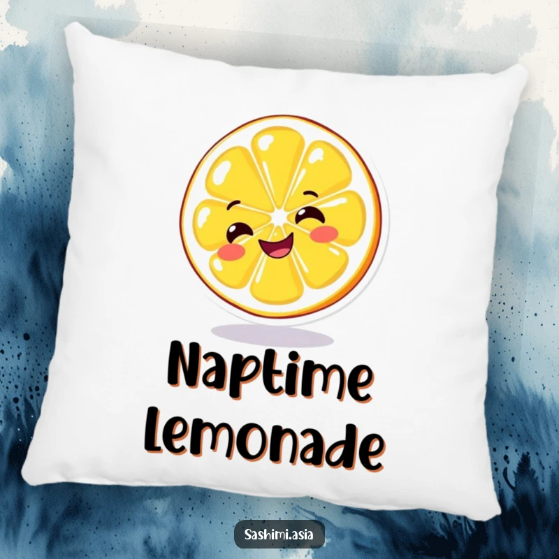 Funny Spinning Lemon Pillow: Soft cushion featuring a grinning, yellow lemon slice spinning on its edge, perfect for humorous comfort.