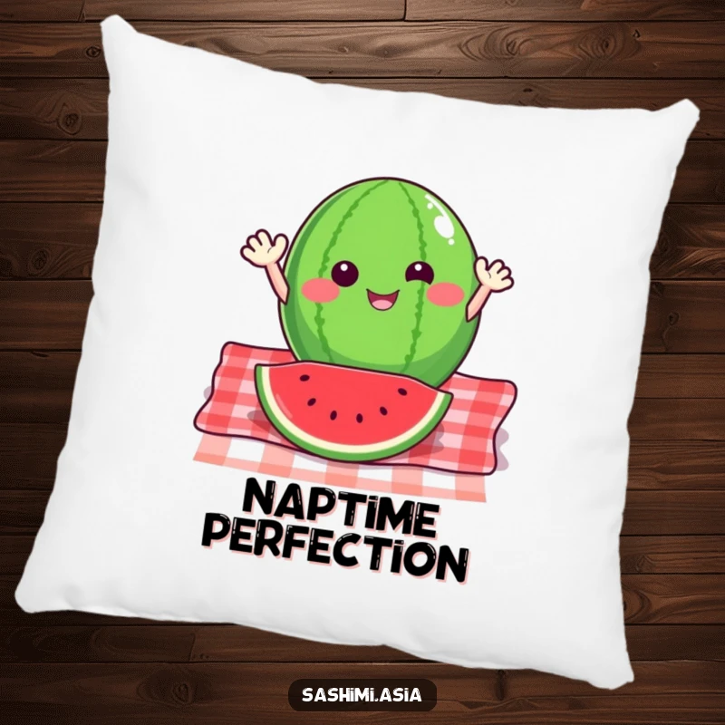 Happy watermelon slice with small arms waving energetically from a picnic blanket, a soft and humorous decorative pillow.