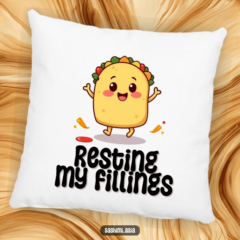 Smiling taco with little feet doing a playful hop with a salsa splash, a soft and humorous decorative pillow.