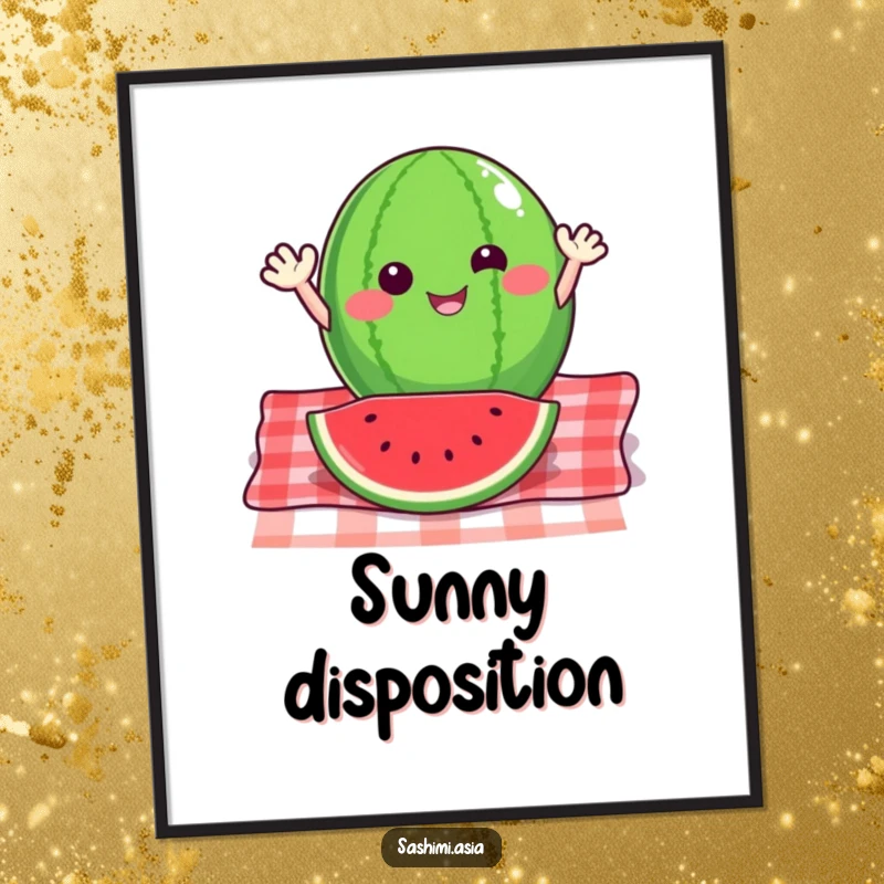 Happy watermelon slice with small arms waving energetically from a picnic blanket, a vibrant digital art print.