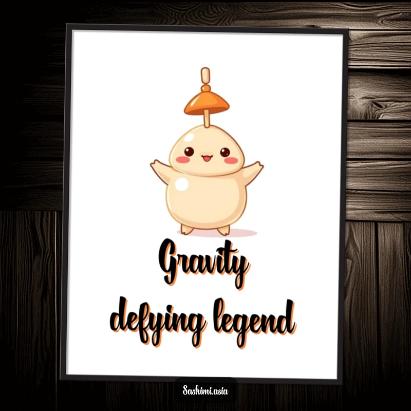 Funny digital art print of a proud dumpling in a hat, balancing a toothpick vertically on its head.