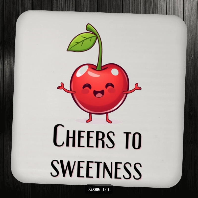Funny Dancing Cherry Coasters: Plump red cherry dancing with stem arms, perfect for protecting surfaces with fruity humor.
