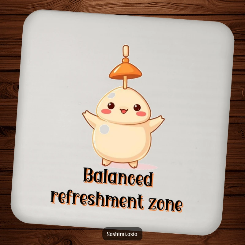 Funny drink coaster with a proud dumpling wearing a hat, balancing a toothpick on its head.