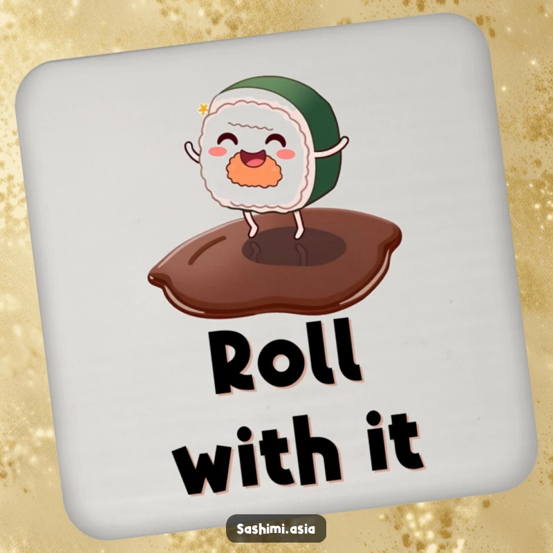 Funny sushi with tiny legs dancing on a soy sauce puddle, a set of humorous coasters.