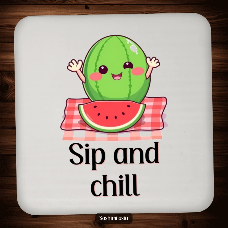 Happy watermelon slice with small arms waving energetically from a picnic blanket, a set of humorous coasters.