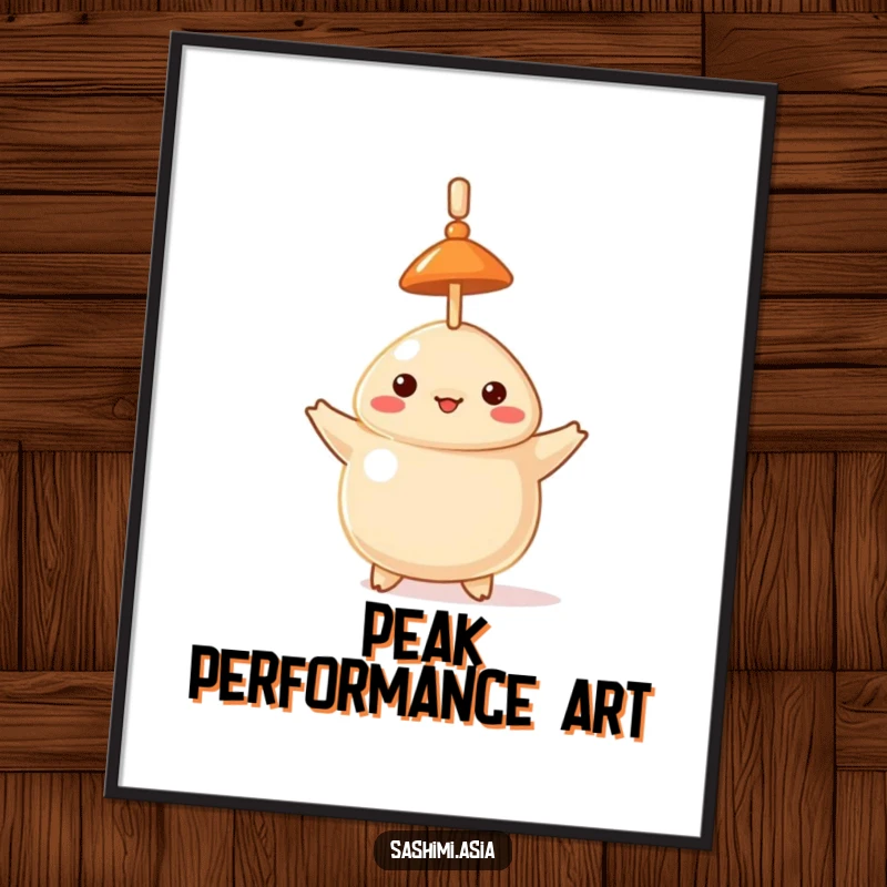 Funny poster of a proud dumpling wearing a hat, meticulously balancing a toothpick vertically on its head.