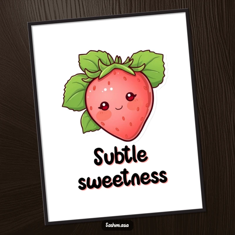 Blushing strawberry with dot eyes peeking from behind a large protective leaf, a charming and humorous poster.