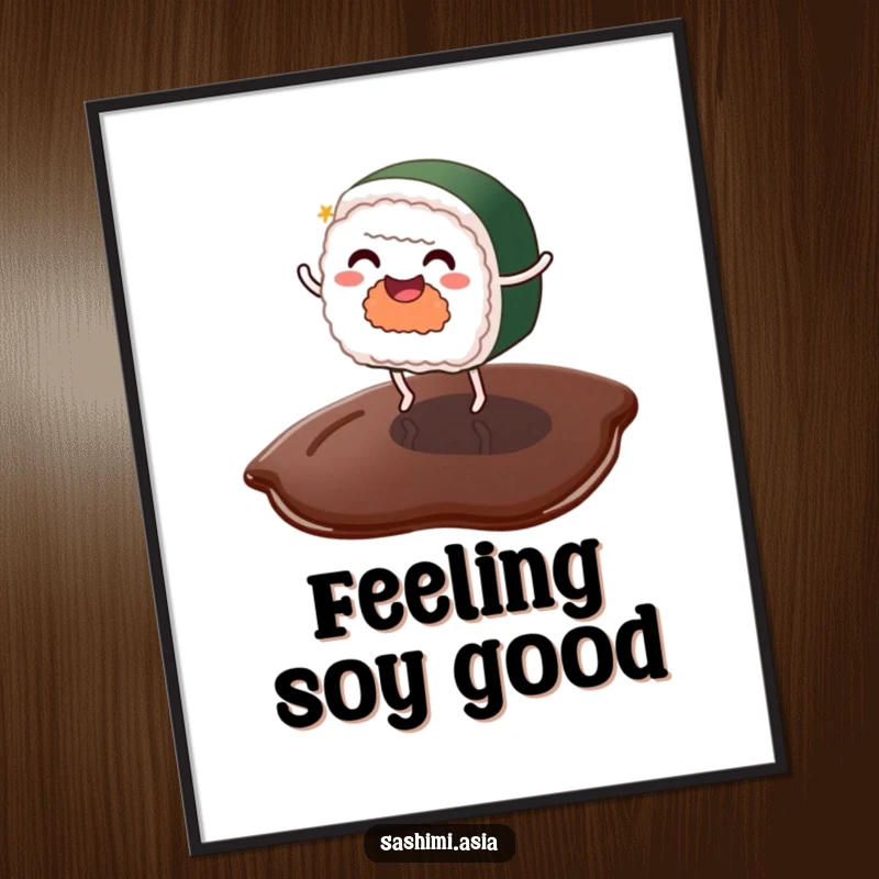 Funny sushi with tiny legs dancing on a soy sauce puddle, vibrant and humorous wall art.