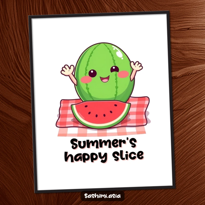 Happy watermelon slice with small arms waving energetically from a picnic blanket, a vibrant and humorous poster.