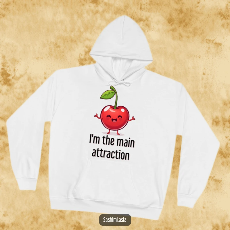 Funny Dancing Cherry Hoodie: Cozy sweatshirt featuring a plump, happy red cherry dancing with stem arms, perfect for warmth and humor.