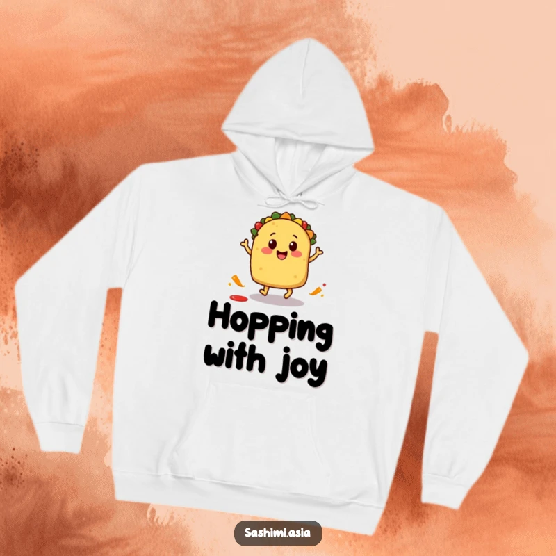 Smiling taco with small feet doing a playful hop with a salsa splash, a warm and humorous hoodie.