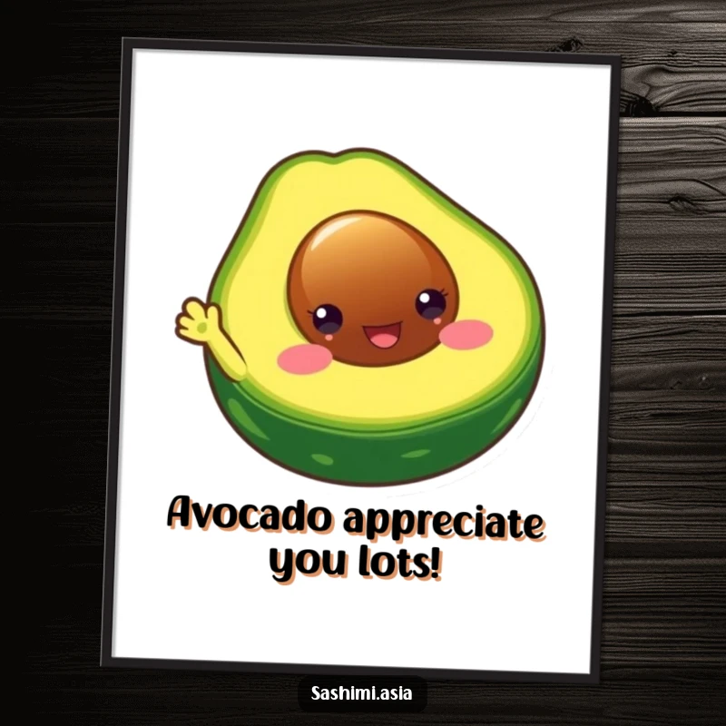 Funny Free Printable Avocado Wall Art: A chubby, happy avocado half with big eyes waves enthusiastically.
