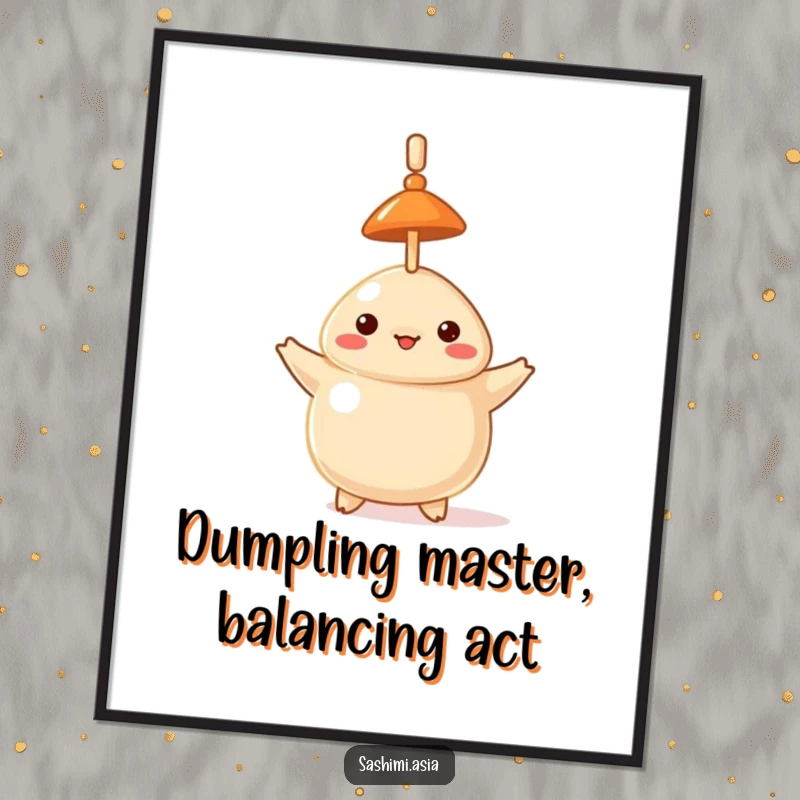 Funny Free Printable Wall Art: Dumpling with tiny hat proudly balances a toothpick vertically on its head, creating quirky decor.