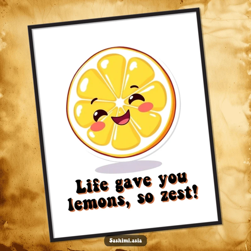 Funny Free Printable Lemon Wall Art: A bright yellow lemon slice with a huge grin spins playfully.