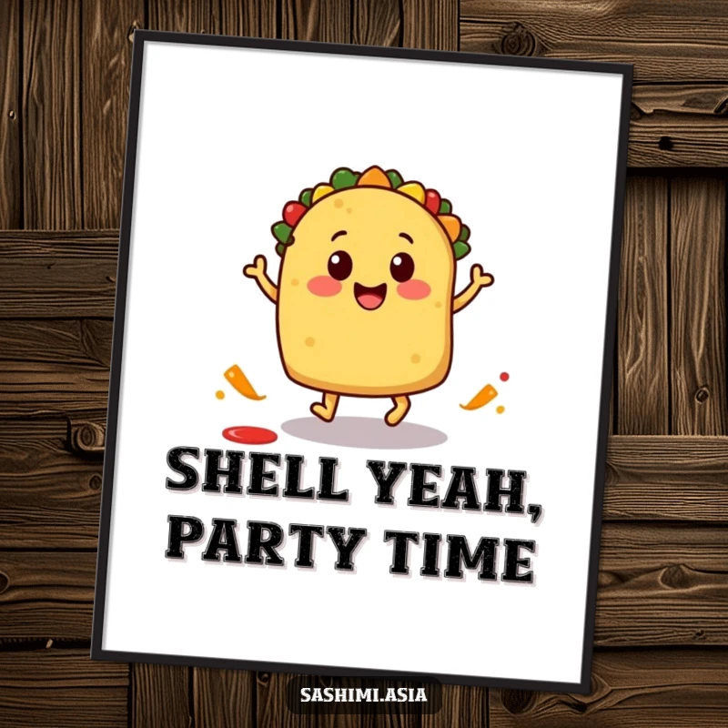 Funny Free Printable Wall Art: A smiling taco with little feet, caught mid-hop with a lively salsa splash, vibrant and fun decor.