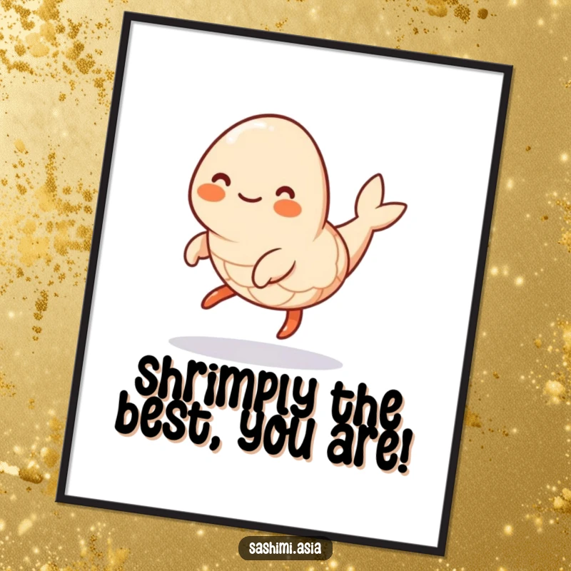 Funny Free Printable Shrimp Wall Art: A plump, smiling shrimp with three legs does a lively, playful hop.