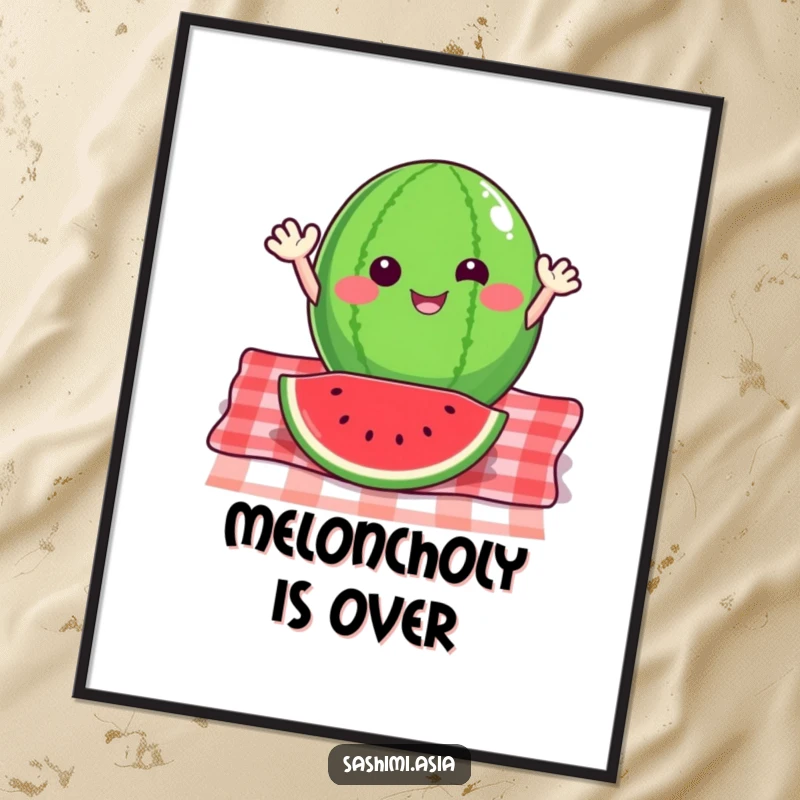 Funny Free Printable Wall Art: A happy watermelon slice with small arms, waving energetically from a picnic blanket, bringing a taste of summer indoors.