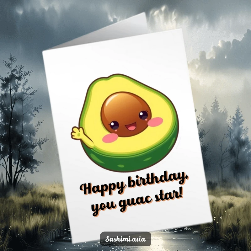 Funny Free Printable Avocado Birthday Card: A chubby, happy avocado half waves hello with a cute stubby limb.