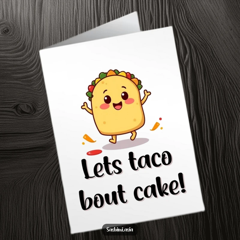Funny Free Printable Birthday Card: A smiling taco with little feet, joyfully hopping with a salsa splash, ready to party.