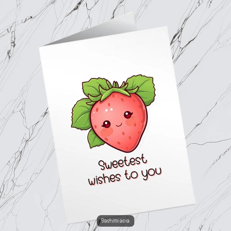 Funny Free Printable Birthday Card: A blushing strawberry with dot eyes, peeking shyly from behind a large leaf, ready with a sweet wish.