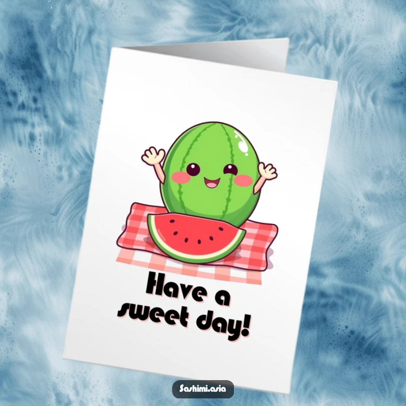Funny Free Printable Birthday Card: A happy watermelon slice with small arms, waving energetically from a picnic blanket, full of birthday spirit.