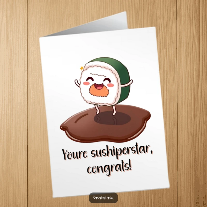 Funny Free Printable Congrats Card: Ecstatic sushi with tiny legs, dancing on soy sauce, celebrating success with a splash.