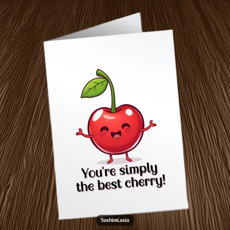 Funny Free Printable Cherry Congratulations Card: A happy cherry dances with stems like arms to celebrate your success.