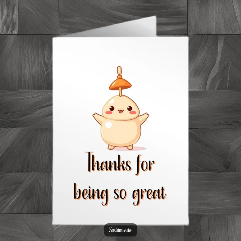 Funny Free Printable Thank You Card: Proud dumpling in a tiny hat balances a toothpick vertically on its head, showing thanks.