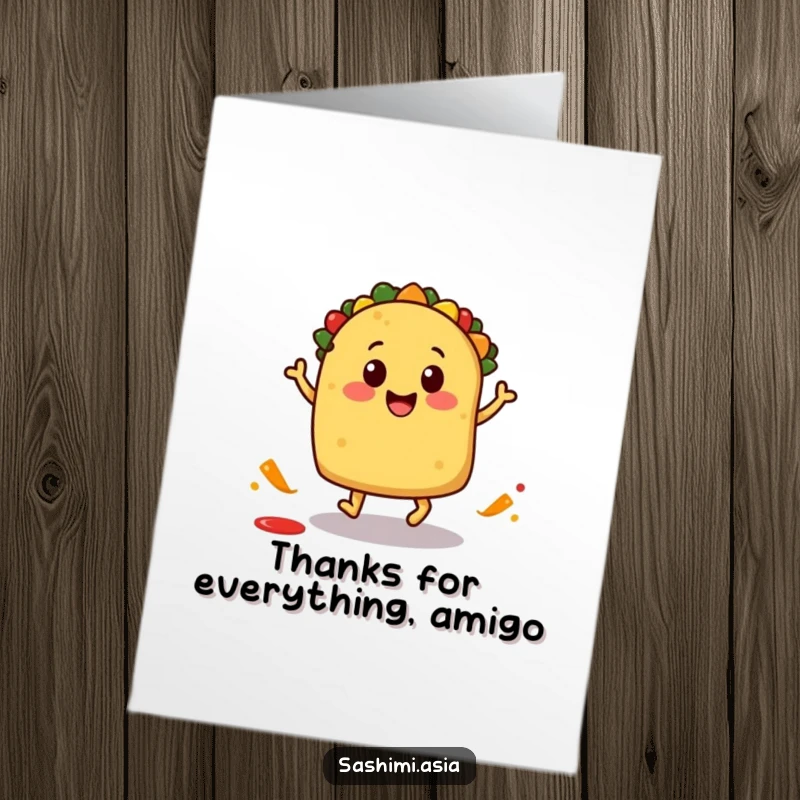 Funny Free Printable Thank You Card: A grateful taco with little feet, hopping with a salsa splash, delivering thanks with flair.