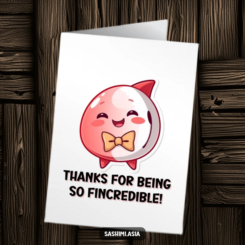 Funny Free Printable Tuna Thank You Card: A smiling red tuna in a bow tie offers heartfelt thanks.