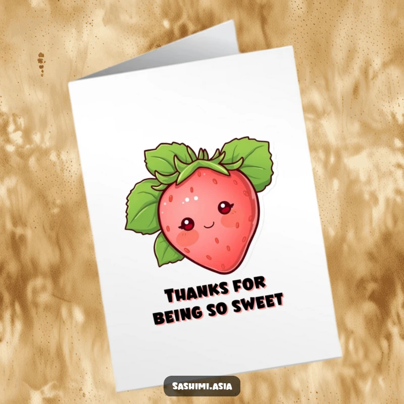 Funny Free Printable Thank You Card: A blushing strawberry with dot eyes, peeking from behind a large leaf, offering a shy but sincere thank you.