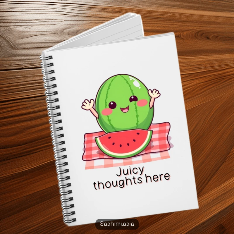 Happy watermelon slice with small arms waving energetically from a picnic blanket, a creative and humorous notebook.