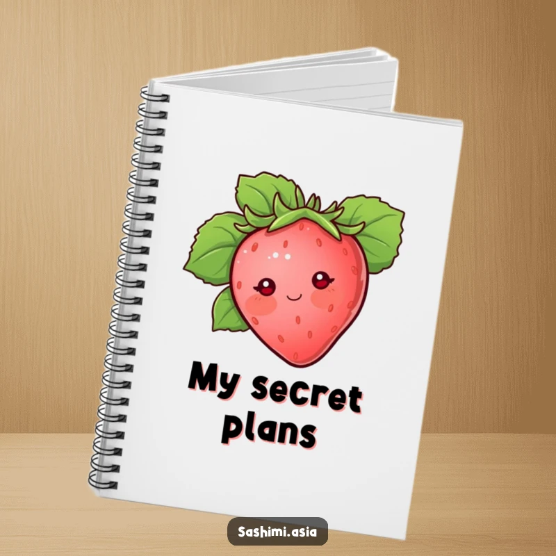 Blushing strawberry with dot eyes peeking from behind a large protective leaf, a creative and humorous notebook.