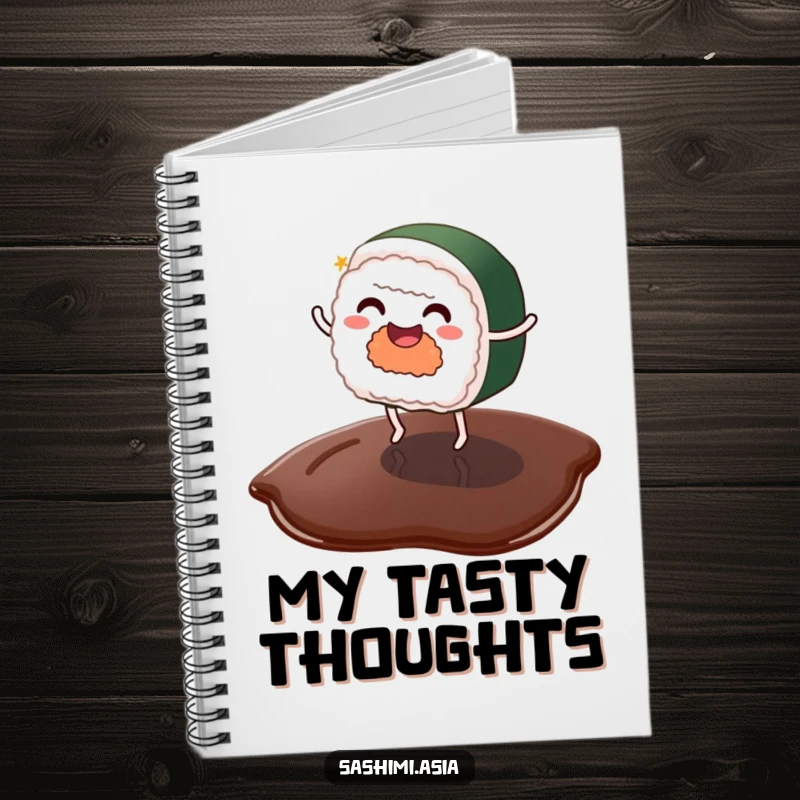 Funny sushi with tiny legs dancing on a soy sauce puddle, a creative and humorous notebook.