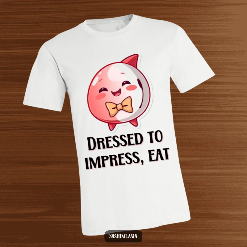Funny Red Tuna T-Shirt: Smiling tuna wearing an elegant bow tie, ready for a humorous casual outing.