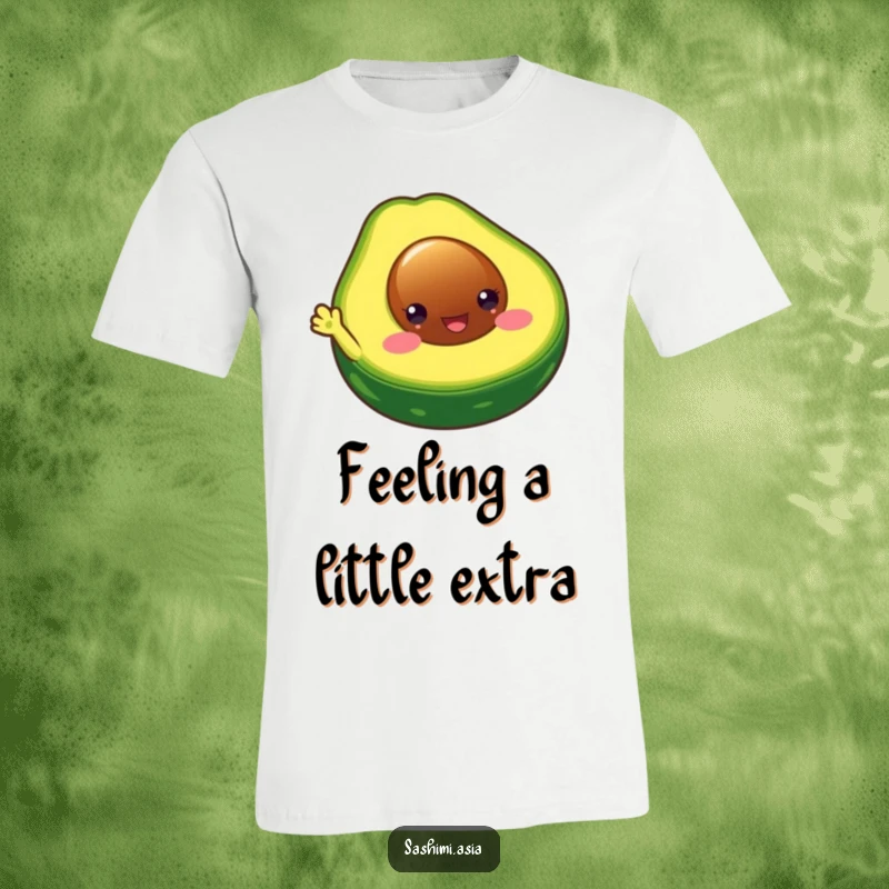 Funny Chubby Avocado T-Shirt: A chubby, happy avocado with eyes, waving a limb, perfect for casual, humorous wear.